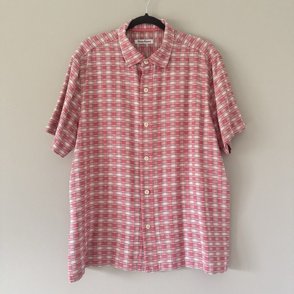Tommy‎ Bahama XLarge Pink White Plaid 100% Silk Short Sleeve Button Up Shirt